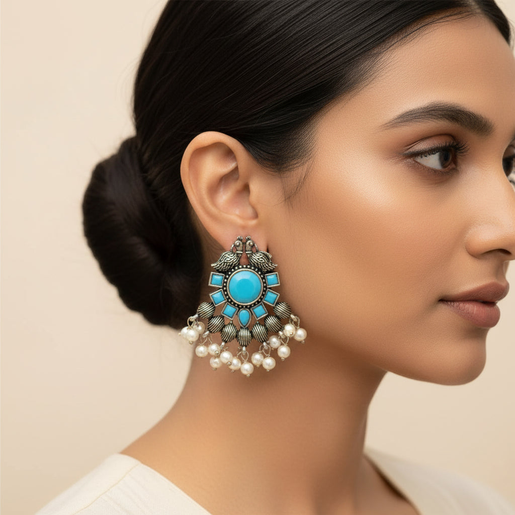 Gulratan Antique Pearl Drop Brooch Earring (sky blue)