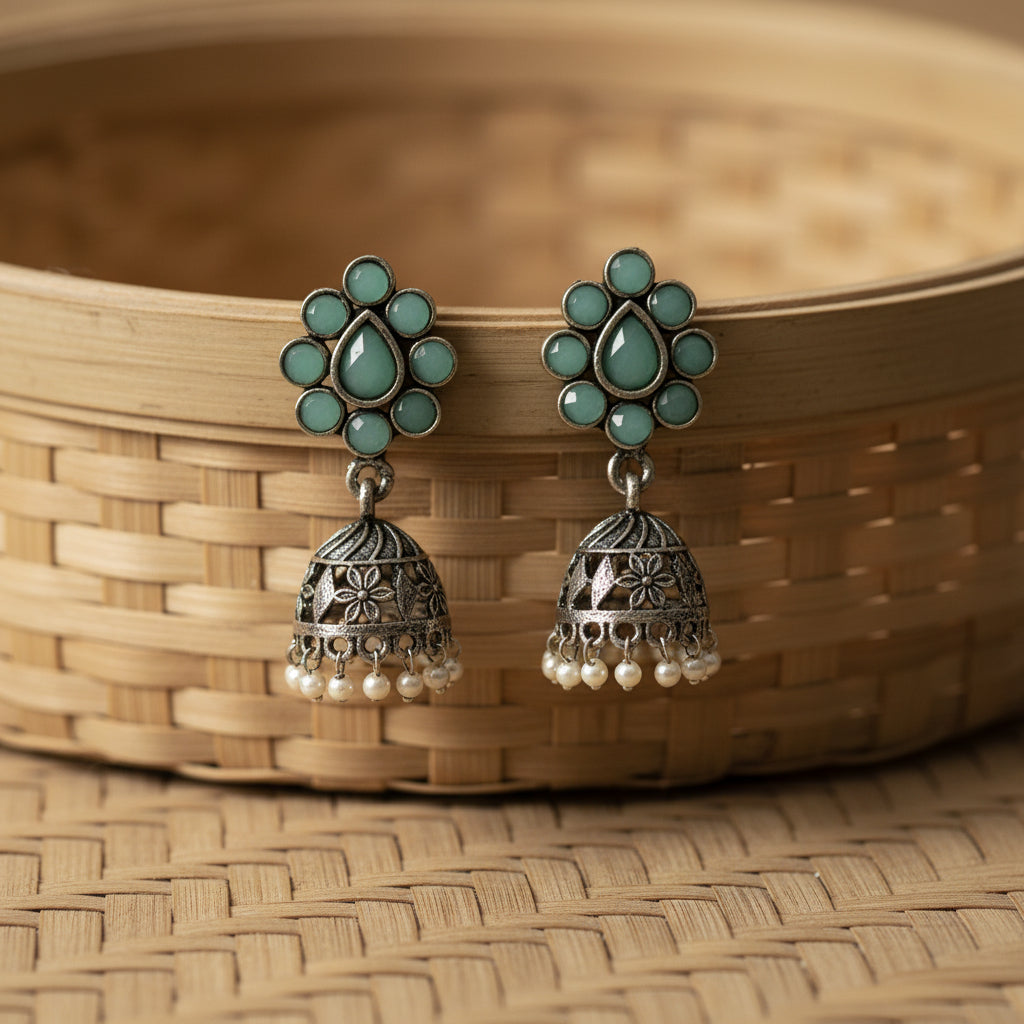 Oxidized Mint Stone Floral Stud Jhumka Earrings