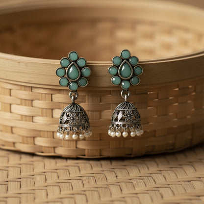 Oxidized Mint Stone Floral Stud Jhumka Earrings