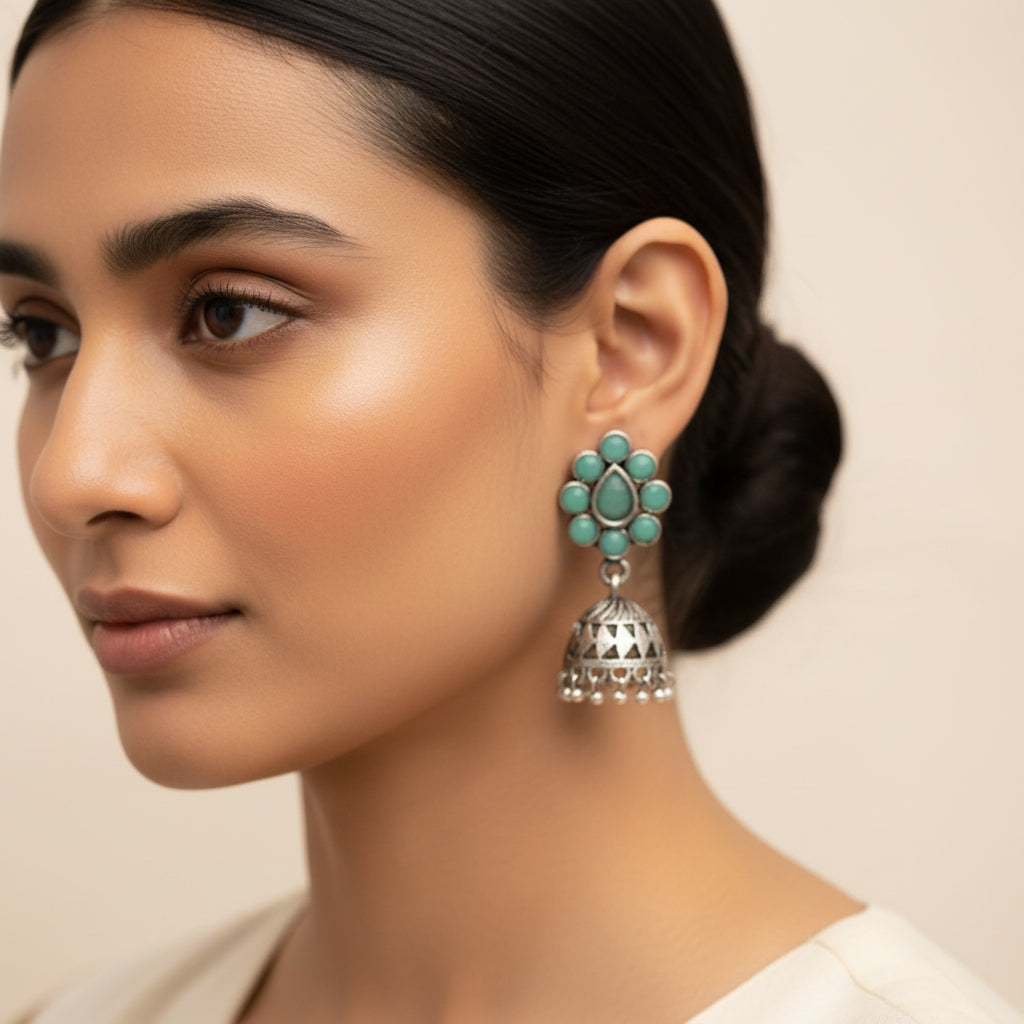 Oxidized Mint Stone Floral Stud Jhumka Earrings