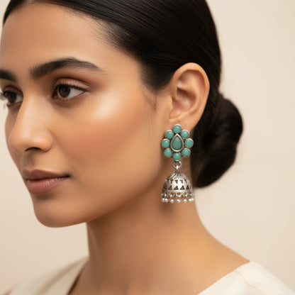 Oxidized Mint Stone Floral Stud Jhumka Earrings