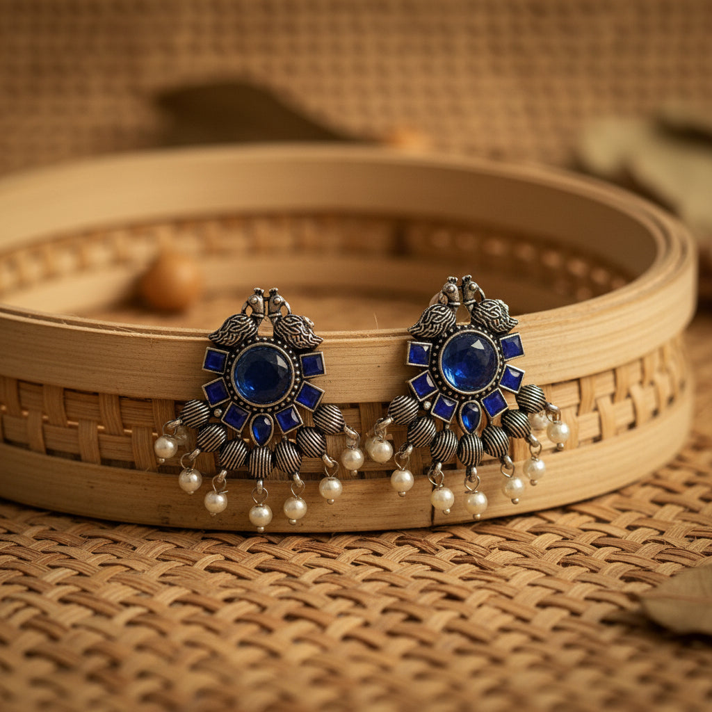 Gulratan Antique Pearl Drop Brooch Earring (Blue)