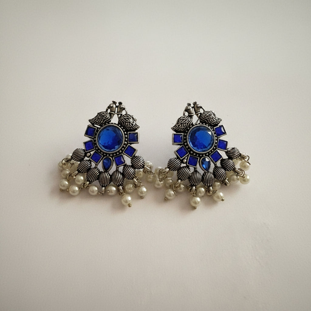Gulratan Antique Pearl Drop Brooch Earring (Blue)