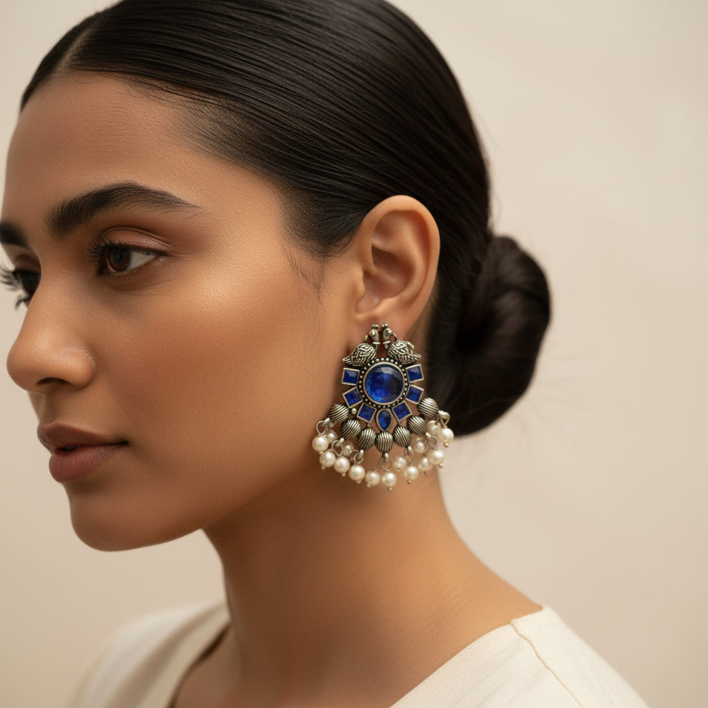 Gulratan Antique Pearl Drop Brooch Earring (Blue)
