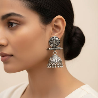 Oxidized antique floral jhumka earrings with White stones