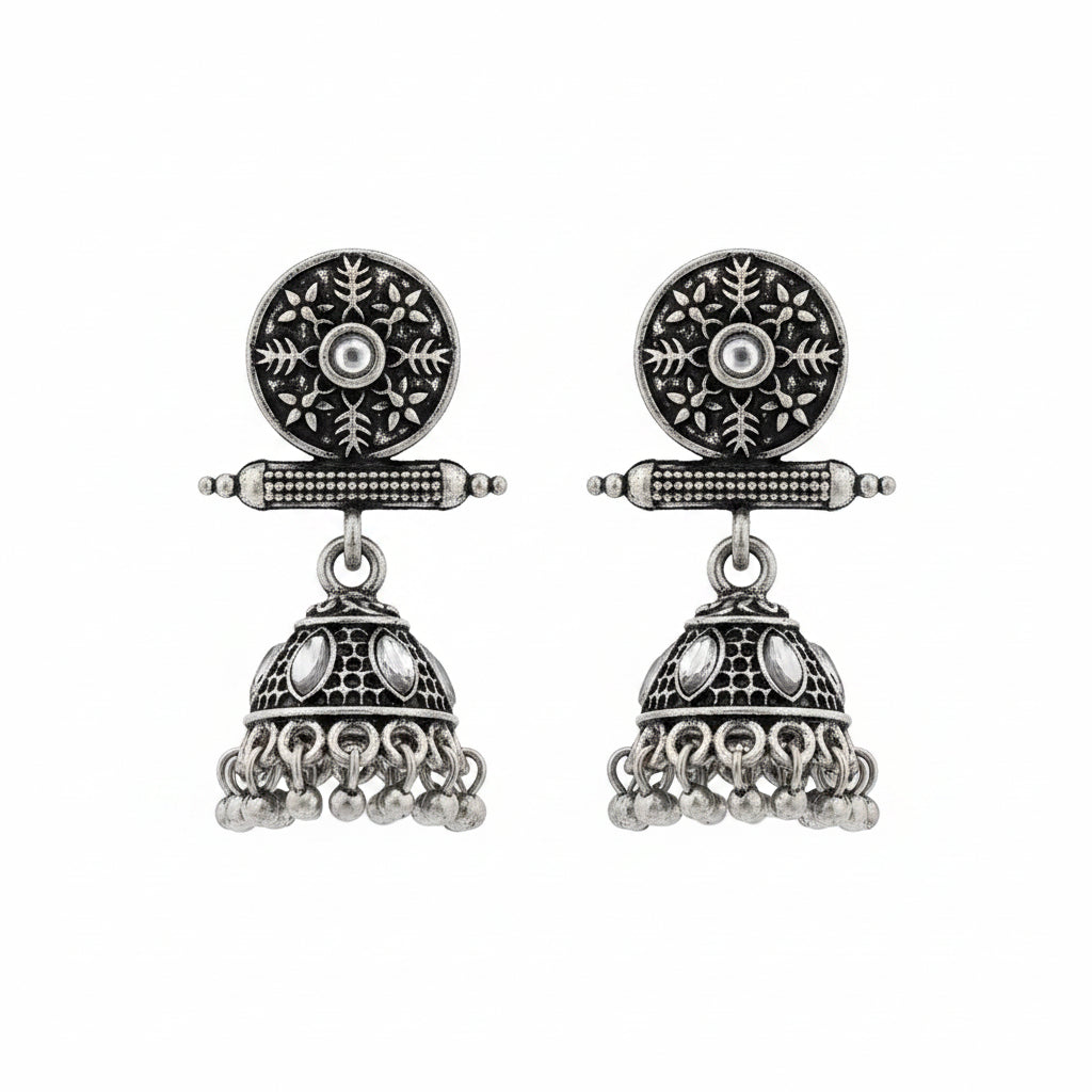 Oxidized antique floral jhumka earrings with White stones