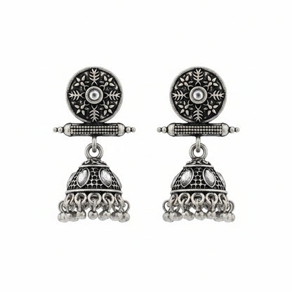 Oxidized antique floral jhumka earrings with White stones