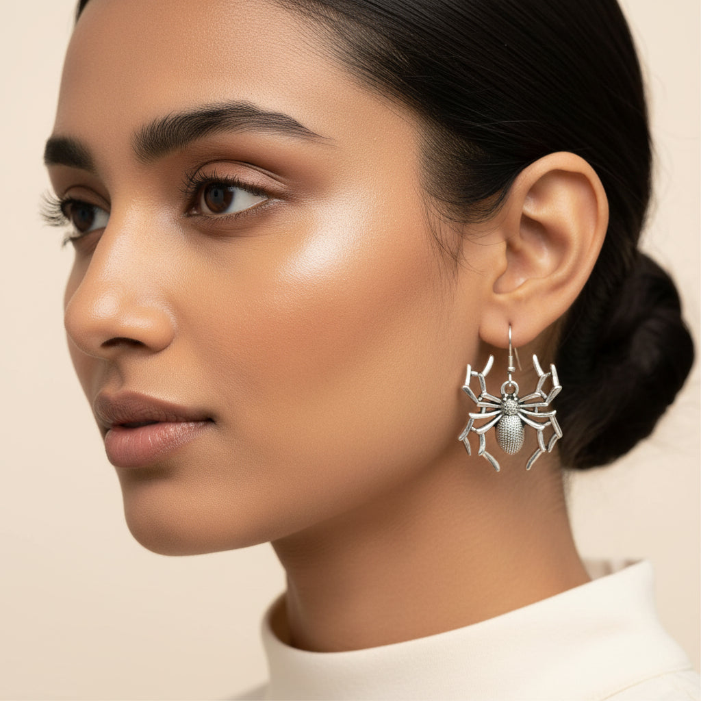 Silver Oxidised Spider Drop Earrings