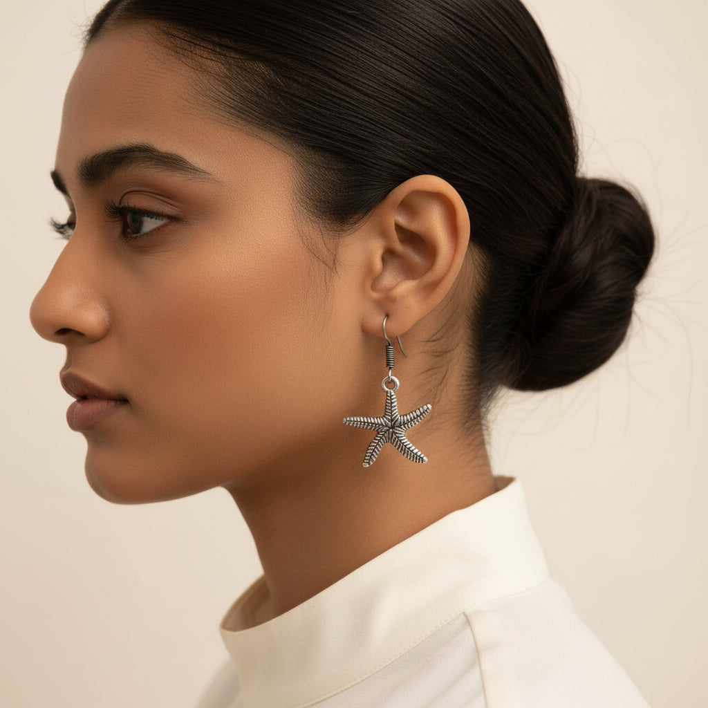 Silver Oxidized Starfish Shaped Dangle & Drop Earrings