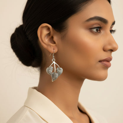 Silver Oxidized Triple Leaf Shaped Dangle & Drop Earrings