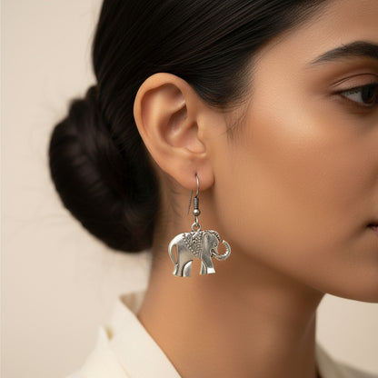 Oxidized Silver Elephant Drop Earrings for Women