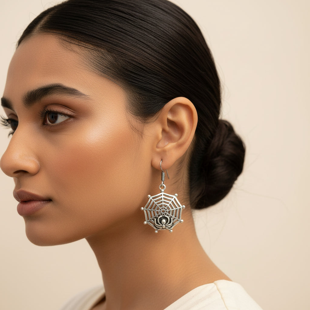 Gothic Antique Silver Spiderweb Dangle Hook Earrings