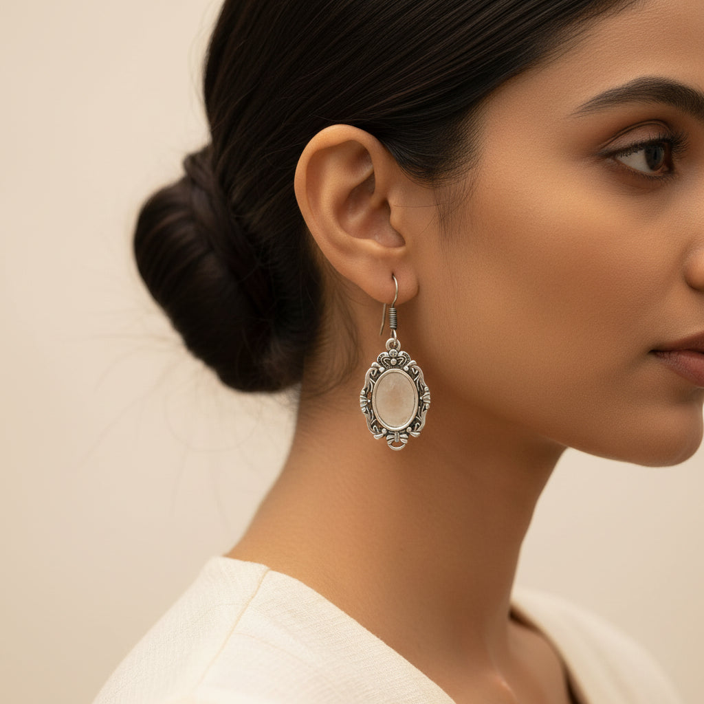 Oxidized Silver Vintage Oval Drop Earrings