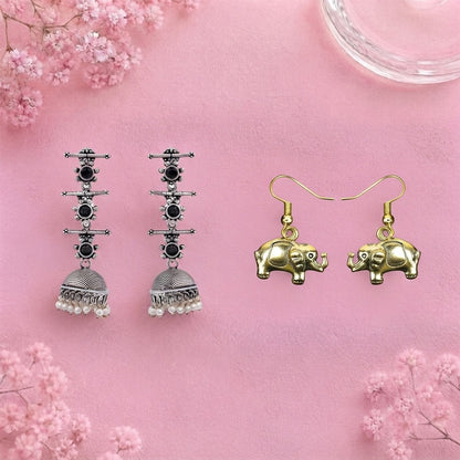 Royal Triple Bell Layered Jhumka Earring (Black) Eleglam dangler earrings Combo set