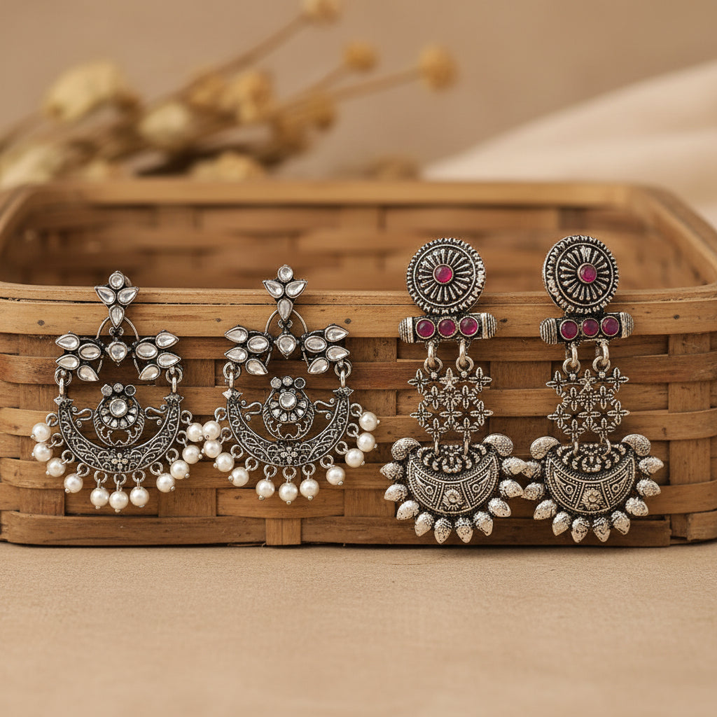 Carved Charm Dangler earrings (White) Enchanted Swing dangler earring (Red) Combo set