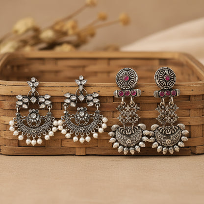 Carved Charm Dangler earrings (White) Enchanted Swing dangler earring (Red) Combo set