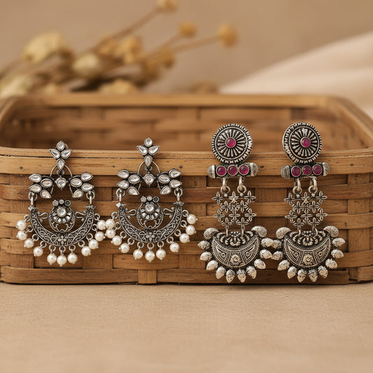 Carved Charm Dangler earrings (White) Enchanted Swing dangler earring (Red) Combo set