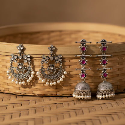 Carved Charm Dangler earrings (White) Royal Triple Bell Layered Jhumka Earring (Red) Combo set