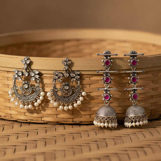 Carved Charm Dangler earrings (White) Royal Triple Bell Layered Jhumka Earring (Red) Combo set