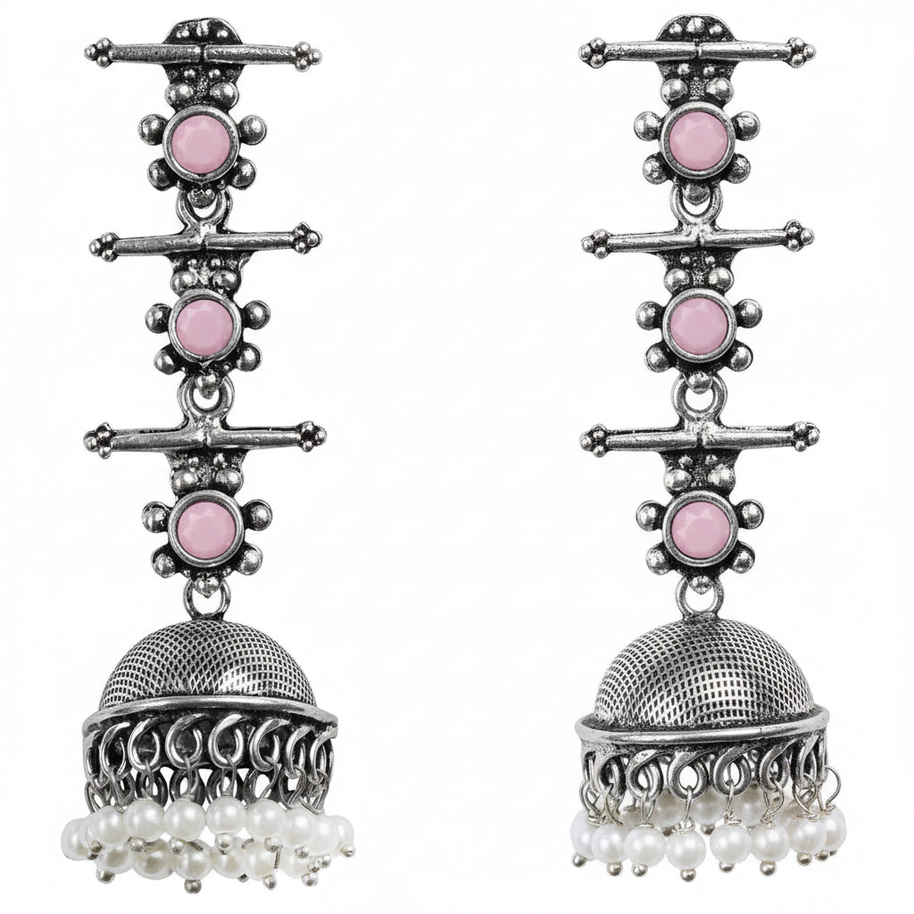 Royal Triple Bell Layered Jhumka Earring (Baby Pink)