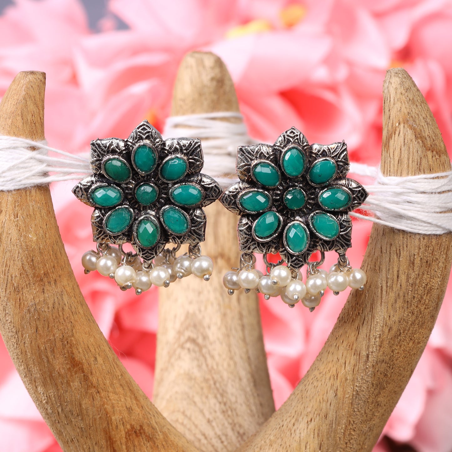 Green Stone Studded Oxidised Earrings With Hanging Pearls