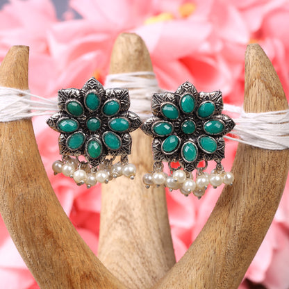 Green Stone Studded Oxidised Earrings With Hanging Pearls