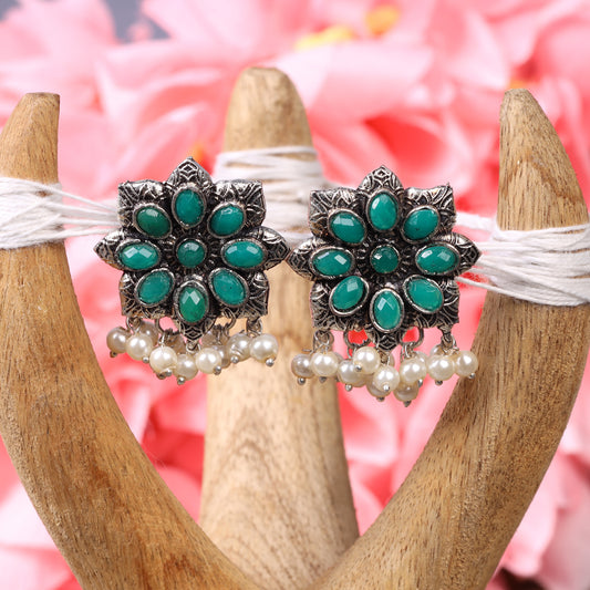 Green Stone Studded Oxidised Earrings With Hanging Pearls