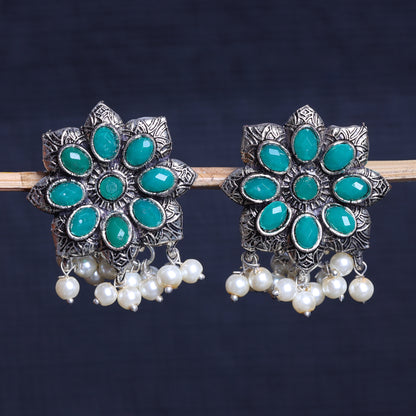 Green Stone Studded Oxidised Earrings With Hanging Pearls