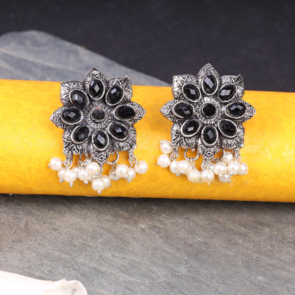 Black Stone Studded Oxidised Earrings With Hanging Pearls
