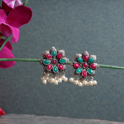 Multicolored Stone Studded Oxidised Earrings With Hanging Pearls