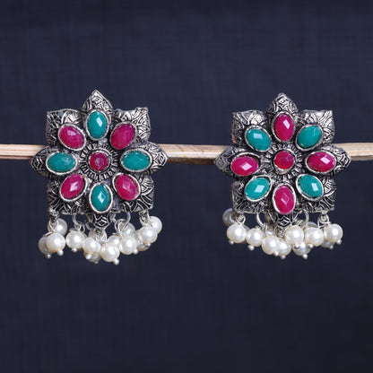 Multicolored Stone Studded Oxidised Earrings With Hanging Pearls
