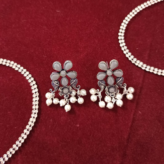 Grey Stone Studded Oxidised Earrings With Hanging Pearls