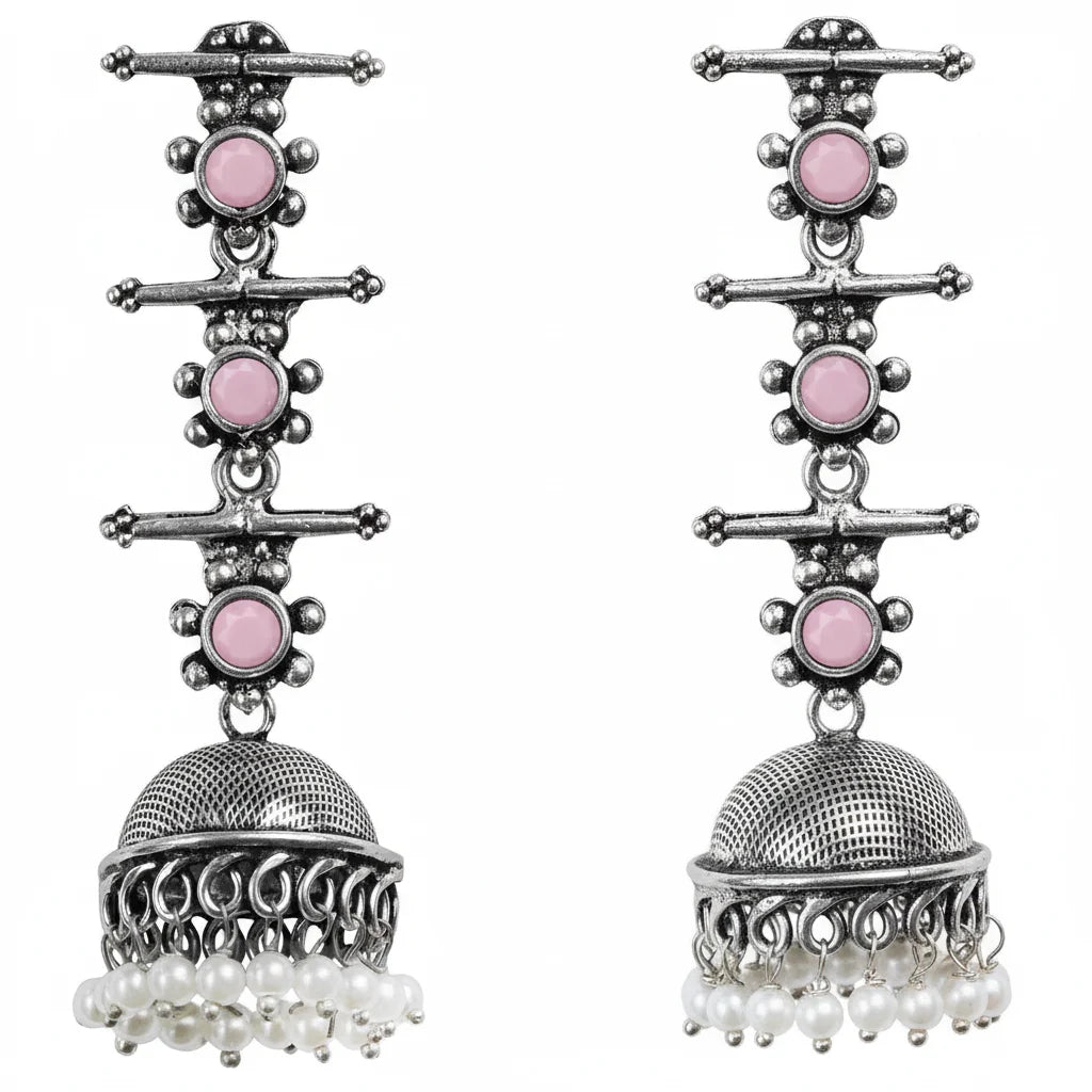 Royal Triple Bell Layered Jhumka Earring (Baby Pink) Meena Manjari stone stud earrings (Silver) Combo set