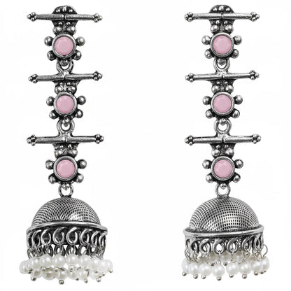 Royal Triple Bell Layered Jhumka Earring (Baby Pink) Meena Manjari stone stud earrings (Silver) Combo set