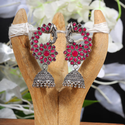 Tusks and twinkle stone studded jhumka earrings (Red)