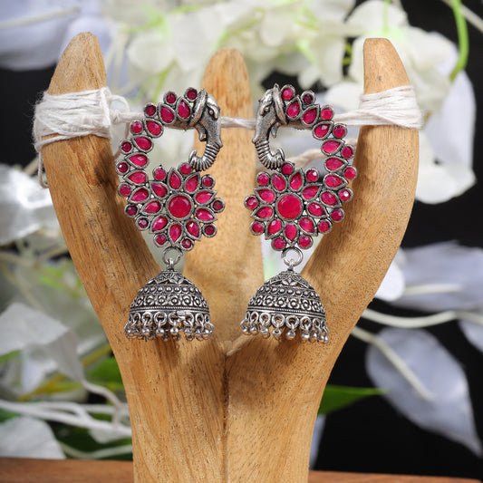 Tusks and twinkle stone studded jhumka earrings (Red)