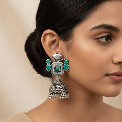 Green Stone Studded Statement Earrings With Hanging Jhumka Embellished With Baby Pearls