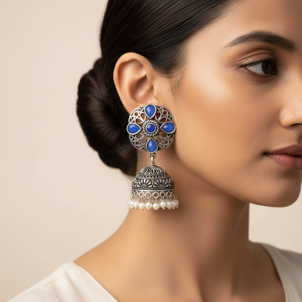 Curv & Swirl jhumka earring (Blue)