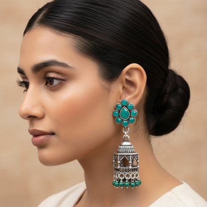 Floral Jharokha jhumki earrings (Green)