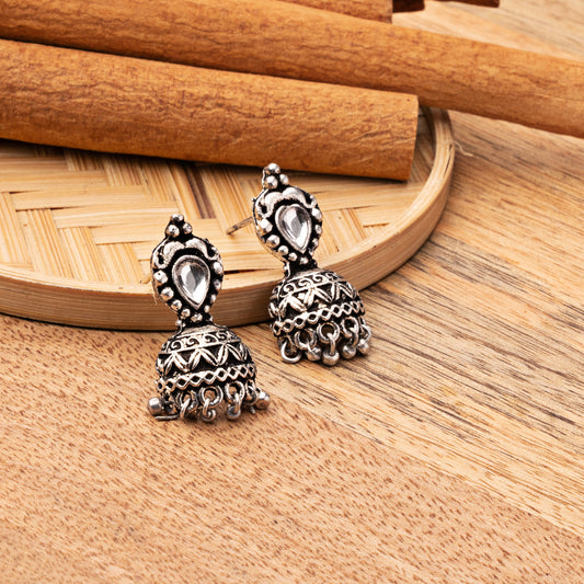 Jharokha stone studded jhumki earring (White)