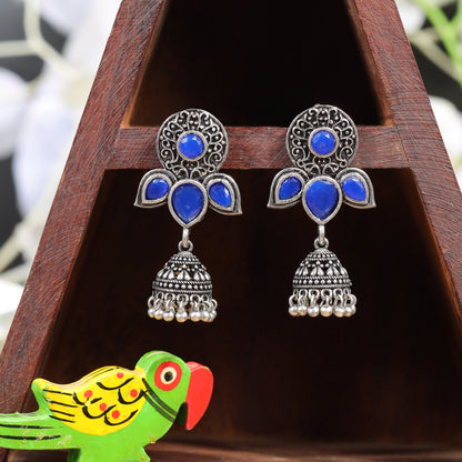 Blush Petals stone studded jhumki earrings (Blue)