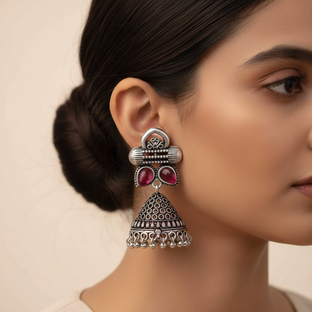 Stunning stone studded jhumki earrings (Red)
