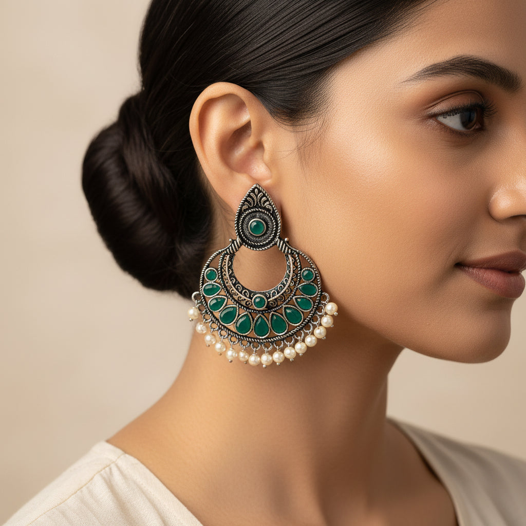Charming Chaandbali pearl stud earrings (Green)