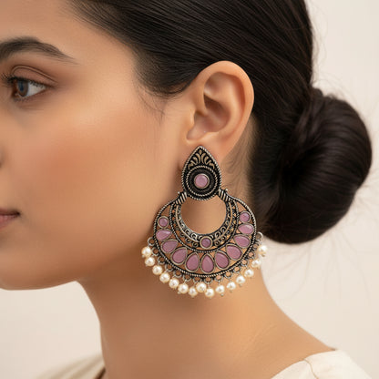 Charming Chaandbali pearl stud earrings (Baby Pink)