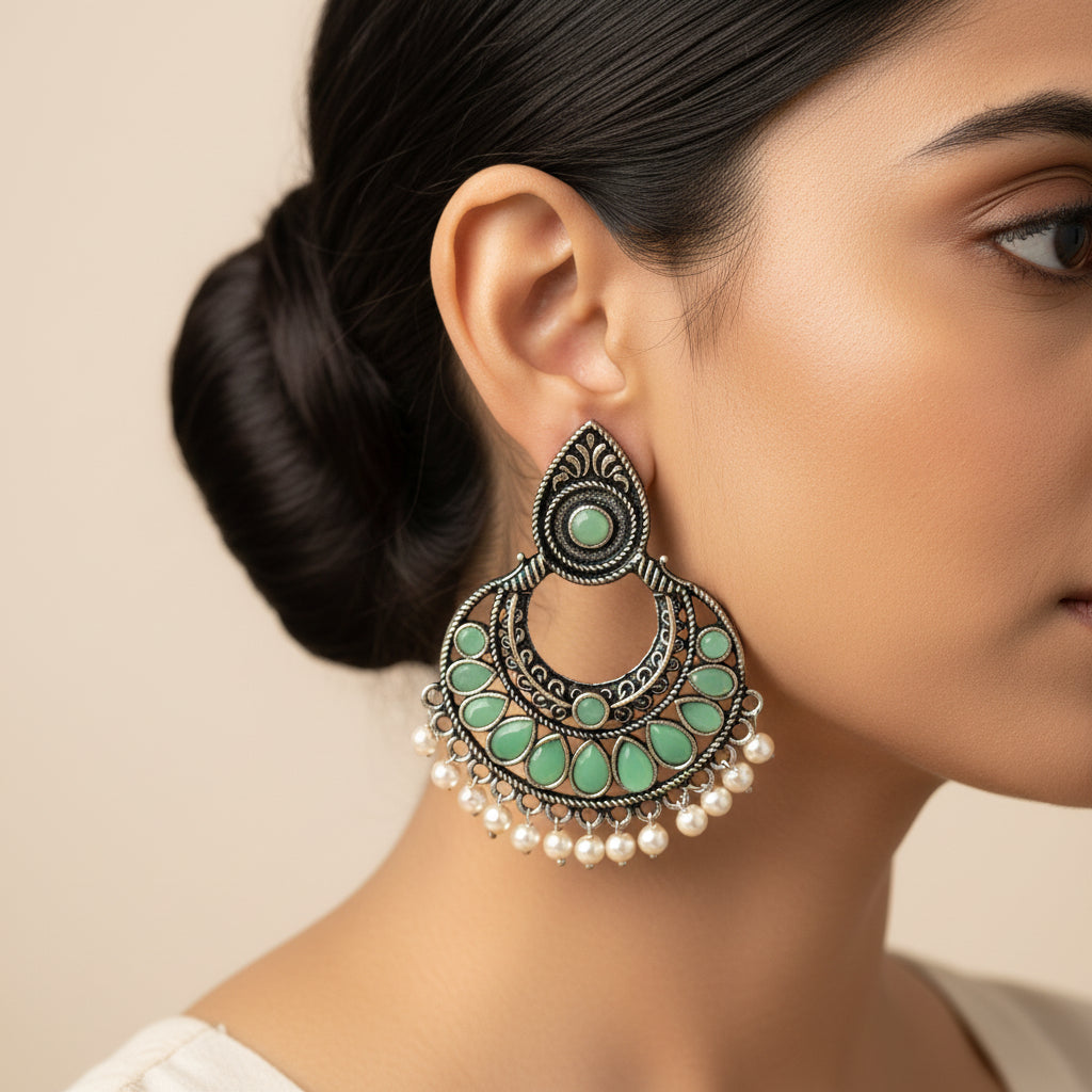 Charming Chaandbali pearl stud earrings (Pista)