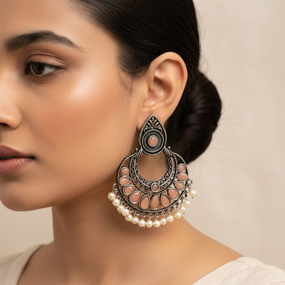 Charming Chaandbali pearl stud earrings (Light Orange)