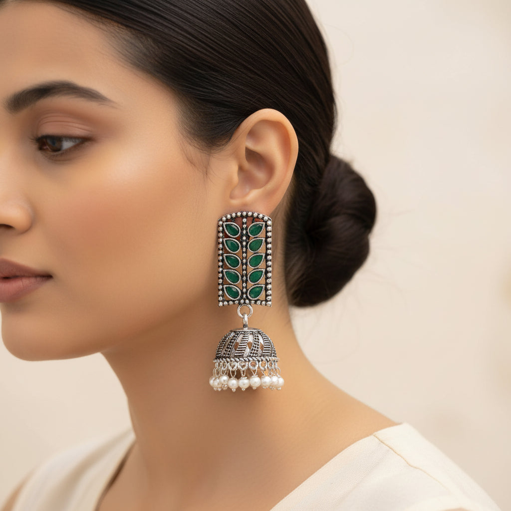 Regal leaffall stone studded jhumki earrings (Green)