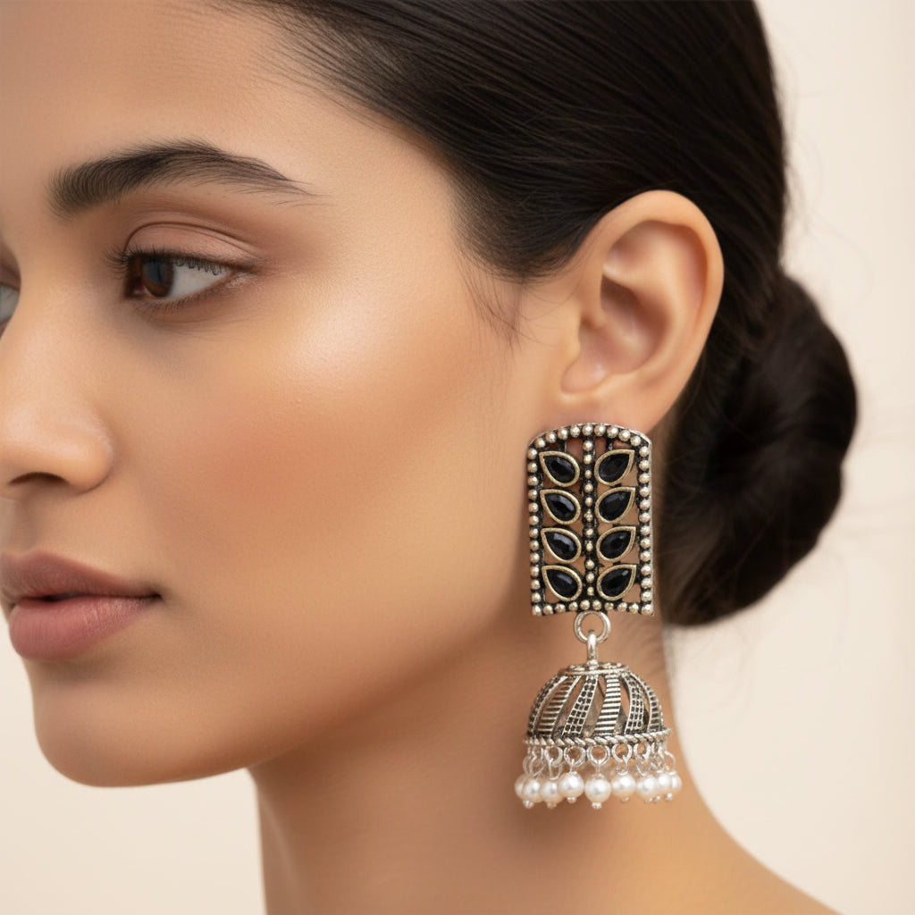 Regal leaffall stone studded jhumki earrings (Black)