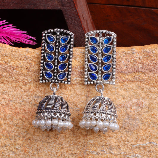 Regal leaffall stone studded jhumki earrings (Blue)