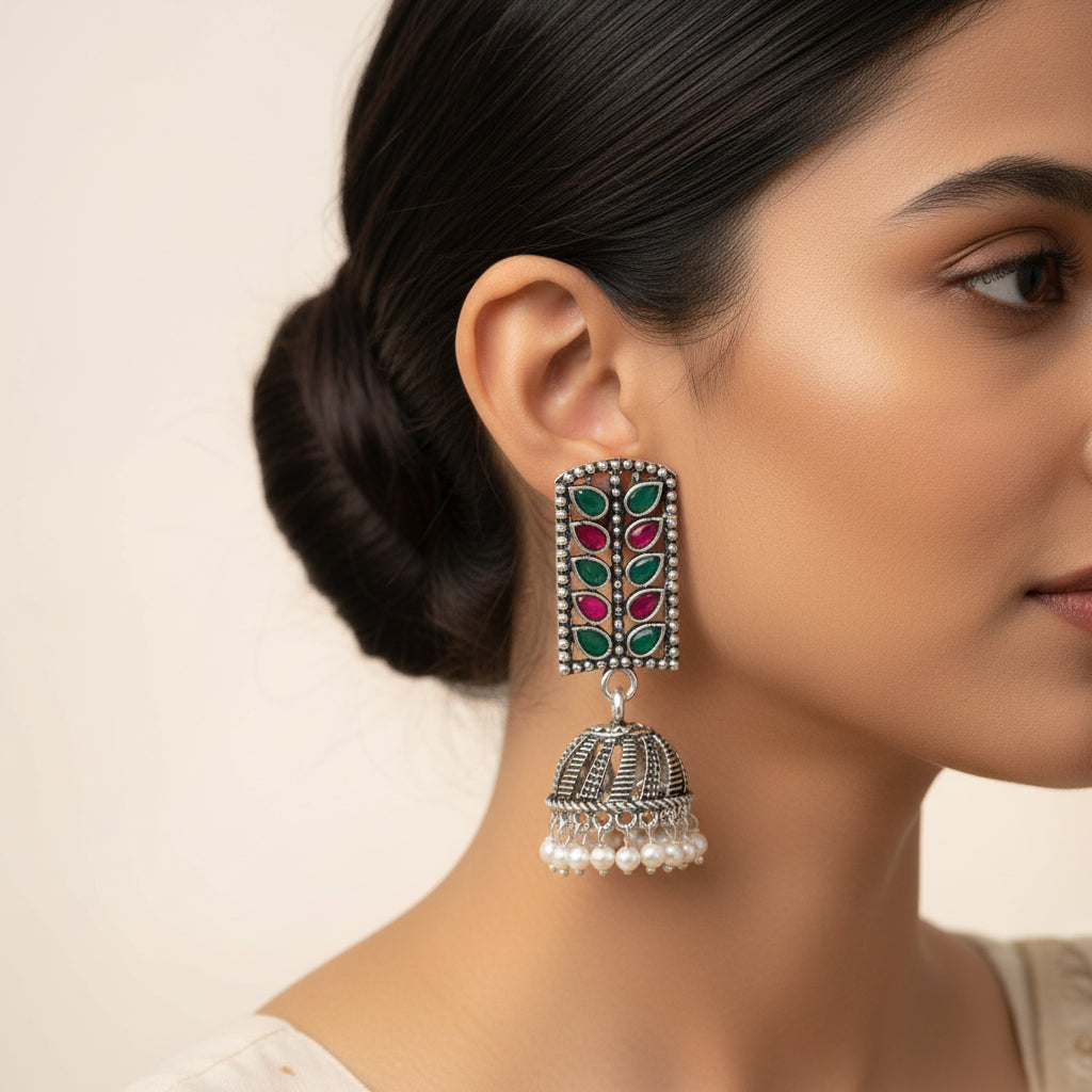 Regal leaffall stone studded jhumki earrings (Multicolored)